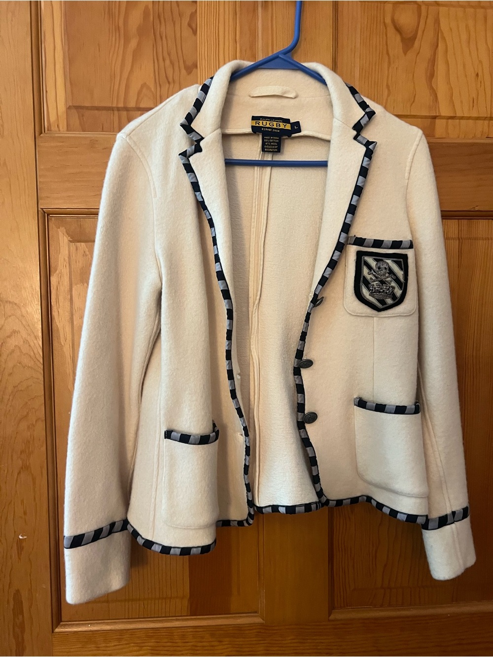 Rugby Ralph Lauren Cream Wool-Blend Blazer with Contrast Trim